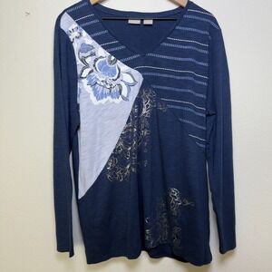 Chico's Zenergy Women Shirt Top XL Blue Patchwork‎ Floral Long Sleeve V-Neck